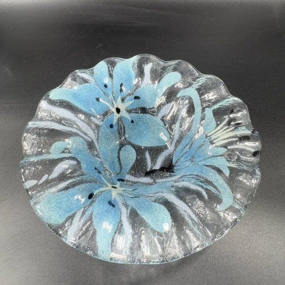Sydenstricker Bowl Dish Fused Art Glass Ruffled Bowl Clear Blue Flowers Signed - Picture 14 of 15